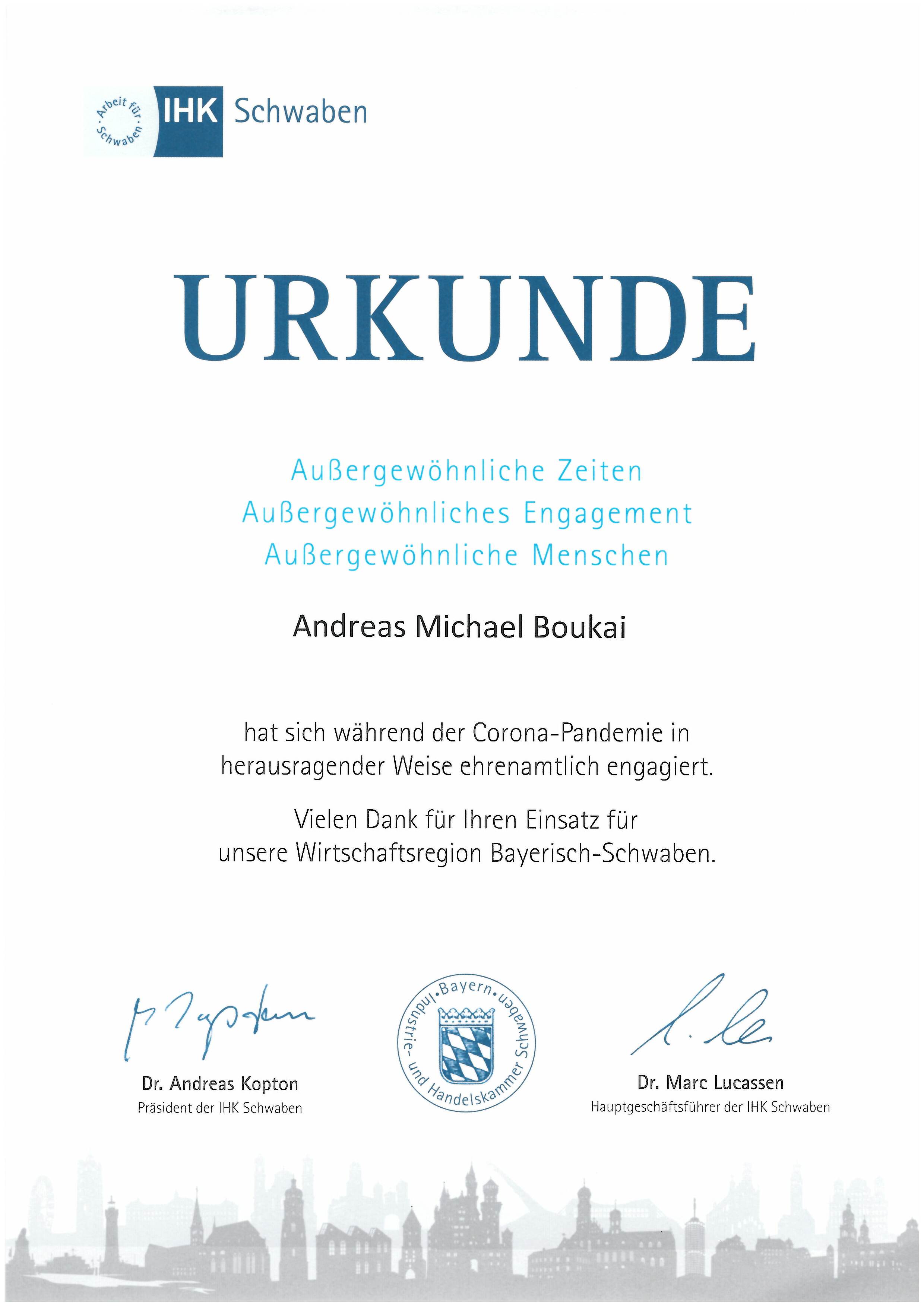Urkunde IHK Schwaben - Corona
